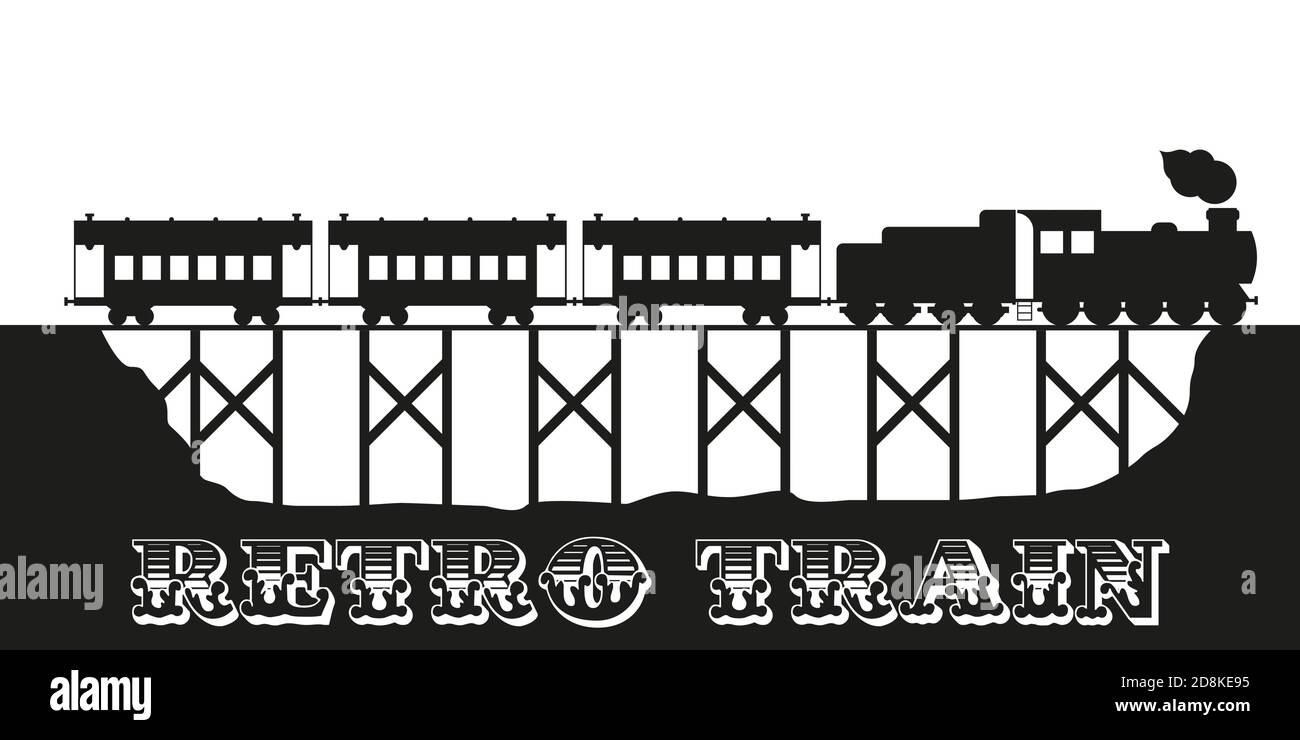 Old vintage retro train on the wooden viaduct Stock Vector