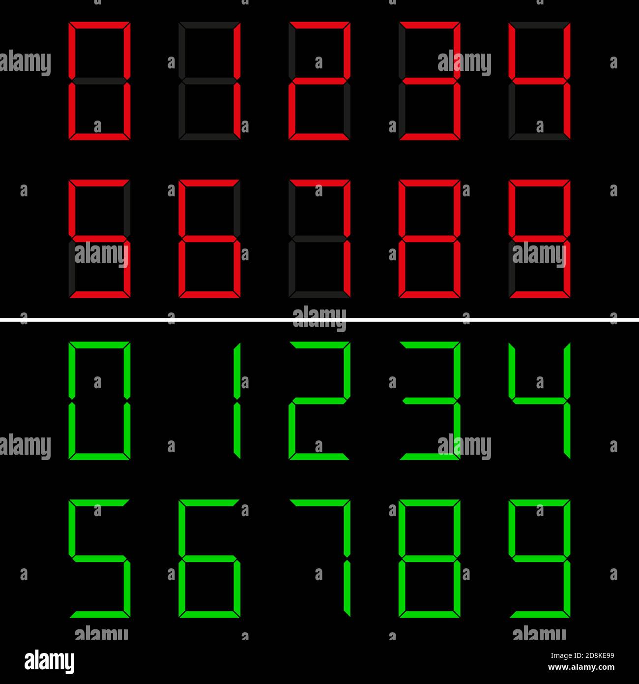 LED numbers font 0-9. Red and green Stock Vector