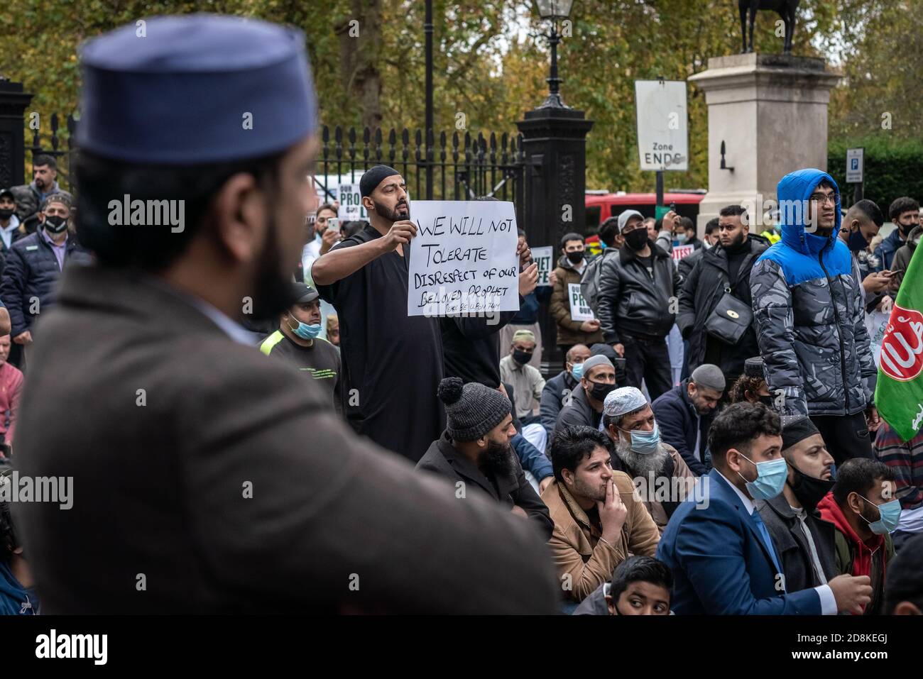 Hundreds of British Muslims protest outside the French Embassy in London against the satirical anti-muslim cartoons published by Charlie Hebdo. Stock Photo