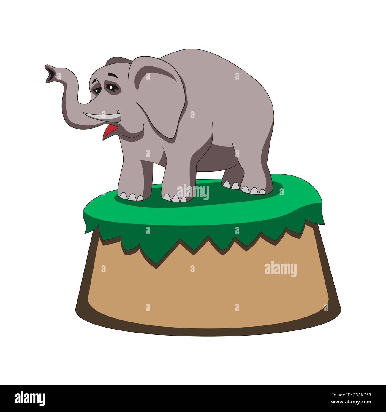 cartoon elephant holds its trunk up while standing on a hill on a white