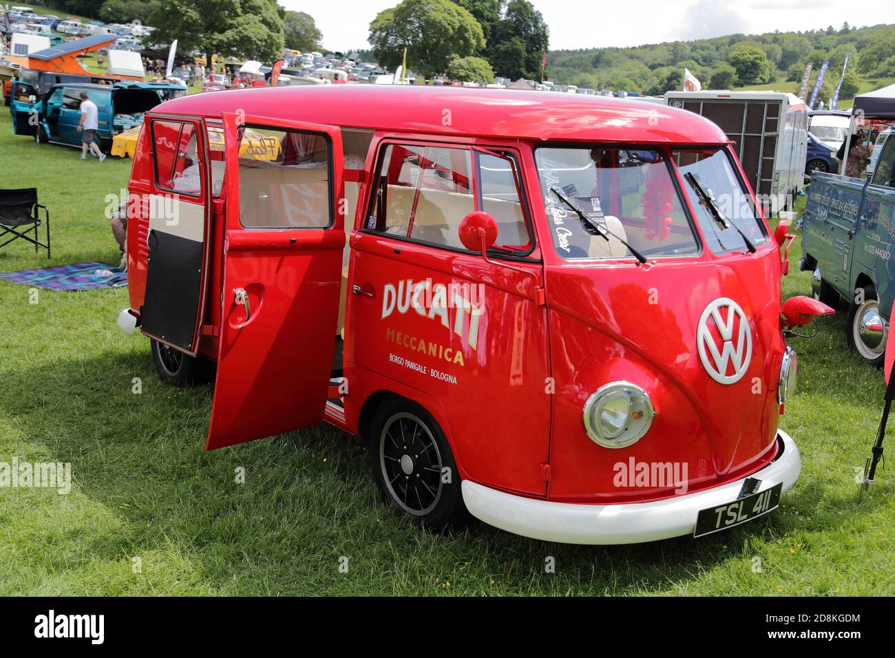 A red 1959 VW Bulli at the annual gathering of Volkswagen owners at Stonor Park, Oxfordshire, UK Stock Photo