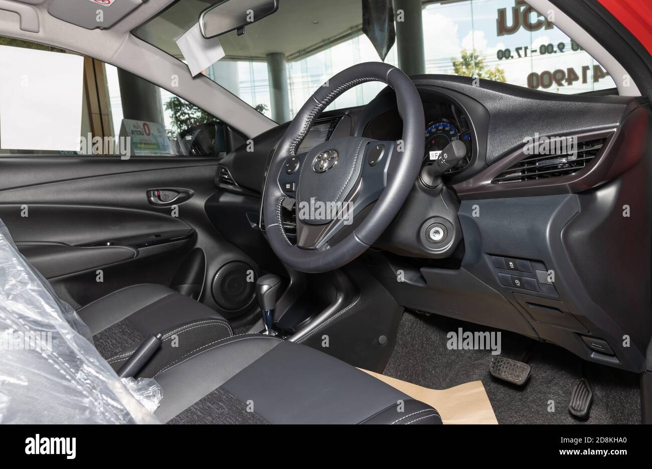 Phayao, Thailand - Sep 13, 2020: Toyota Yaris Ativ 2020 Steering Wheel and Car Dashboard and Car Console and Seat and Monitor and Air Vent and Gear Ha Stock Photo