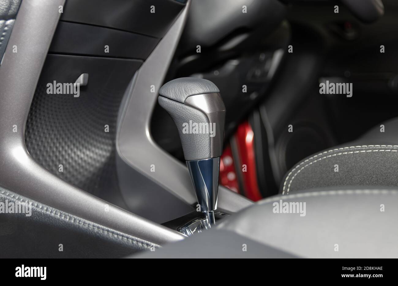 Gray Automatic Gear Handle in Car Interior on Center Frame Stock Photo