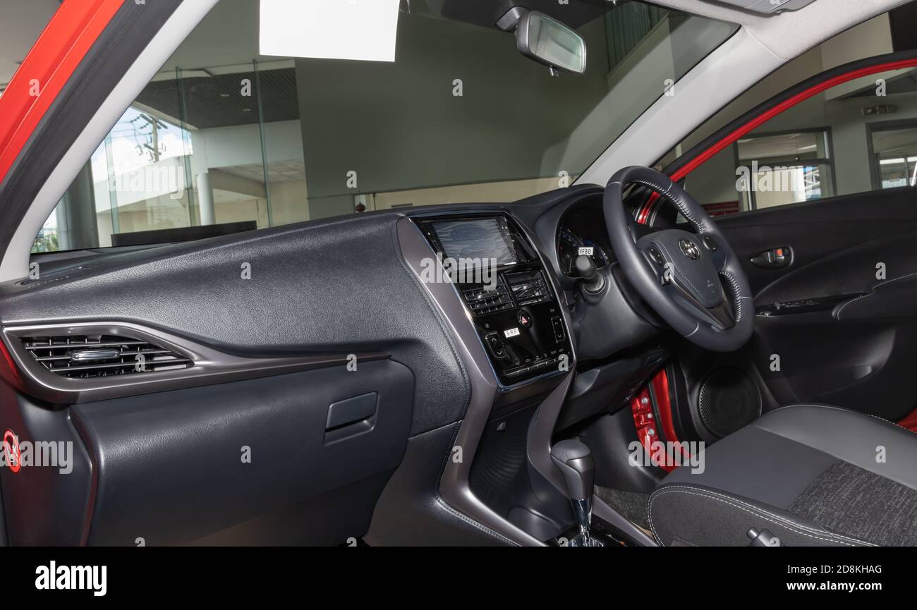 Phayao, Thailand - Sep 13, 2020: Car Interior of Toyota Yaris Ativ 2020 in Showroom on Right Frame Including Steering Wheel and Windshield and Console Stock Photo