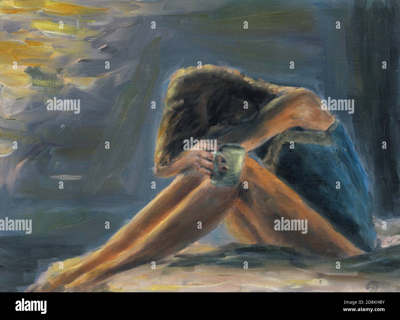 Scan of an original oil painting on canvas depicting a woman on bed. Stock Photo