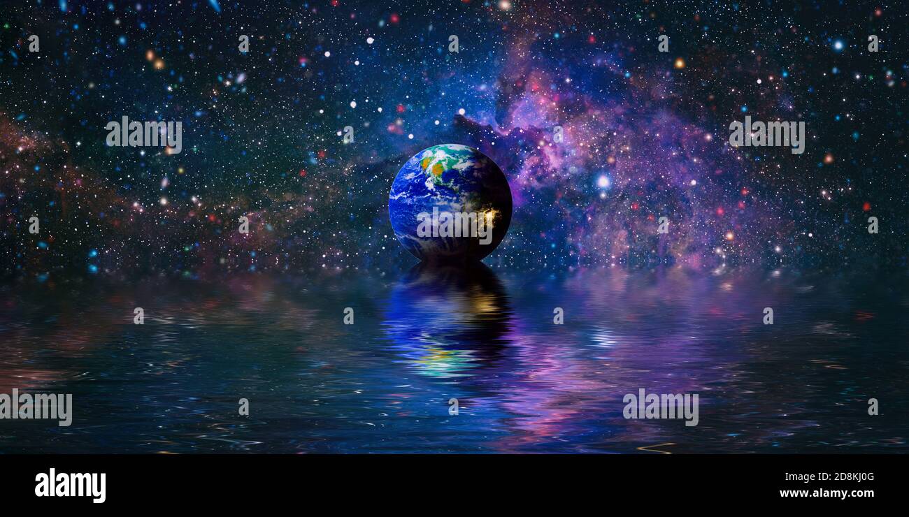 Beautiful unusual space planet in space reflected in water. Our beautiful Earth in reflection of water overlooking space ,galaxy stars night sky ,Elem Stock Photo
