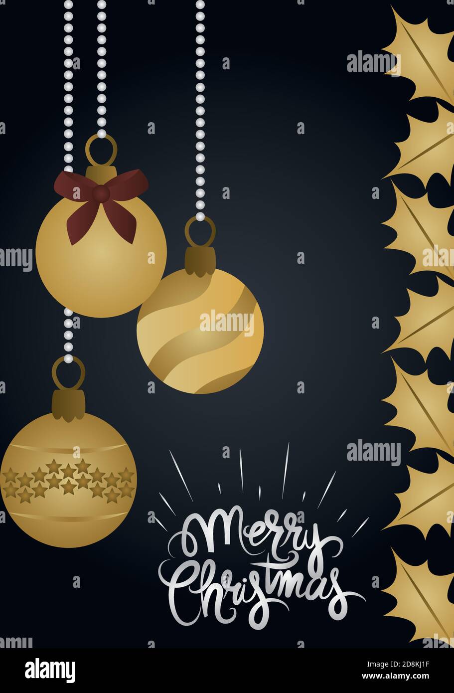 merry christmas, greeting card golden hanging balls and leaves ...
