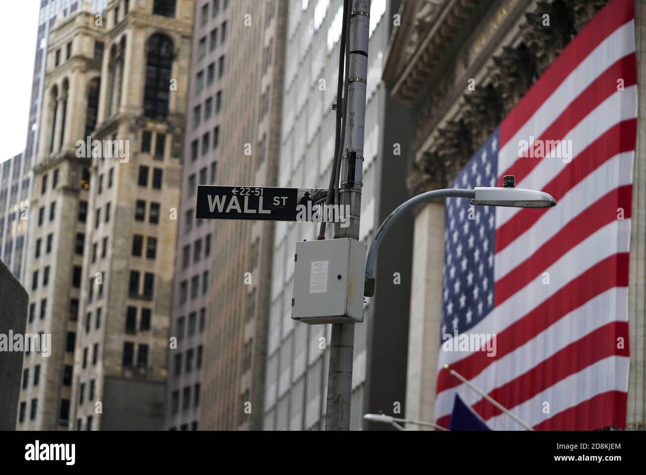 New York, USA. 30th Oct, 2020. A road sign is seen nearby the New York Stock Exchange in New York, the United States, Oct. 30, 2020. U.S. stocks closed lower on Friday, as a pronounced slide in tech sector weighed on the market. The Dow Jones Industrial Average fell 157.51 points, or 0.59 percent, to 26,501.60. The S&P 500 was down 40.15 points, or 1.21 percent, to 3,269.96. The Nasdaq Composite Index shed 274.00 points, or 2.45 percent, to 10,911.59. Credit: Wang Ying/Xinhua/Alamy Live News Stock Photo