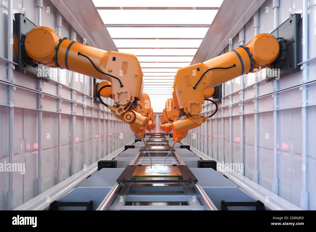 Automation industry concept with 3d rendering robot assembly line in ...