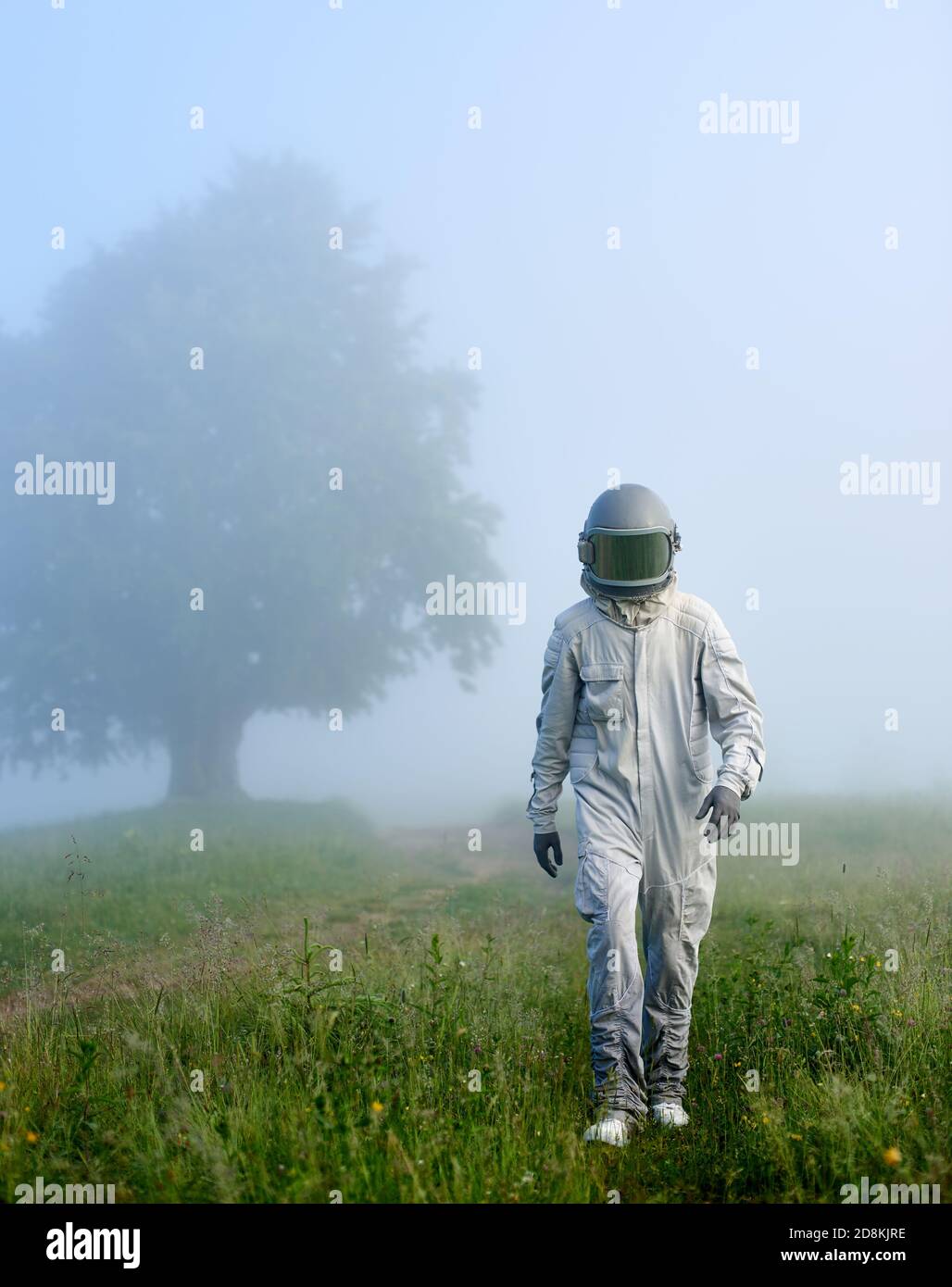 Cosmonaut in space suit strolling down the foggy meadow. Space traveler in helmet walking on green grass near the road with misty tree on background. Concept of astronautics, exploration and nature. Stock Photo