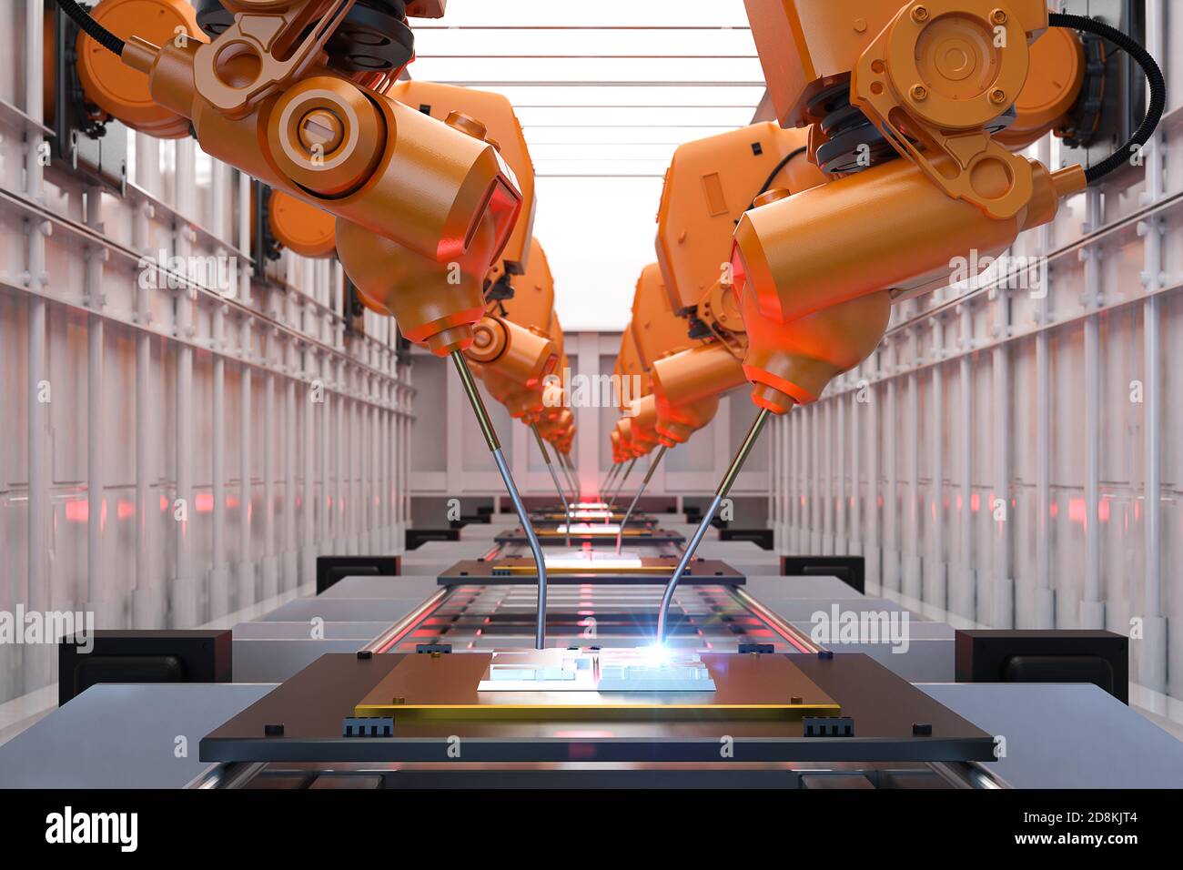 Automation industry concept with 3d rendering robot assembly line in ...