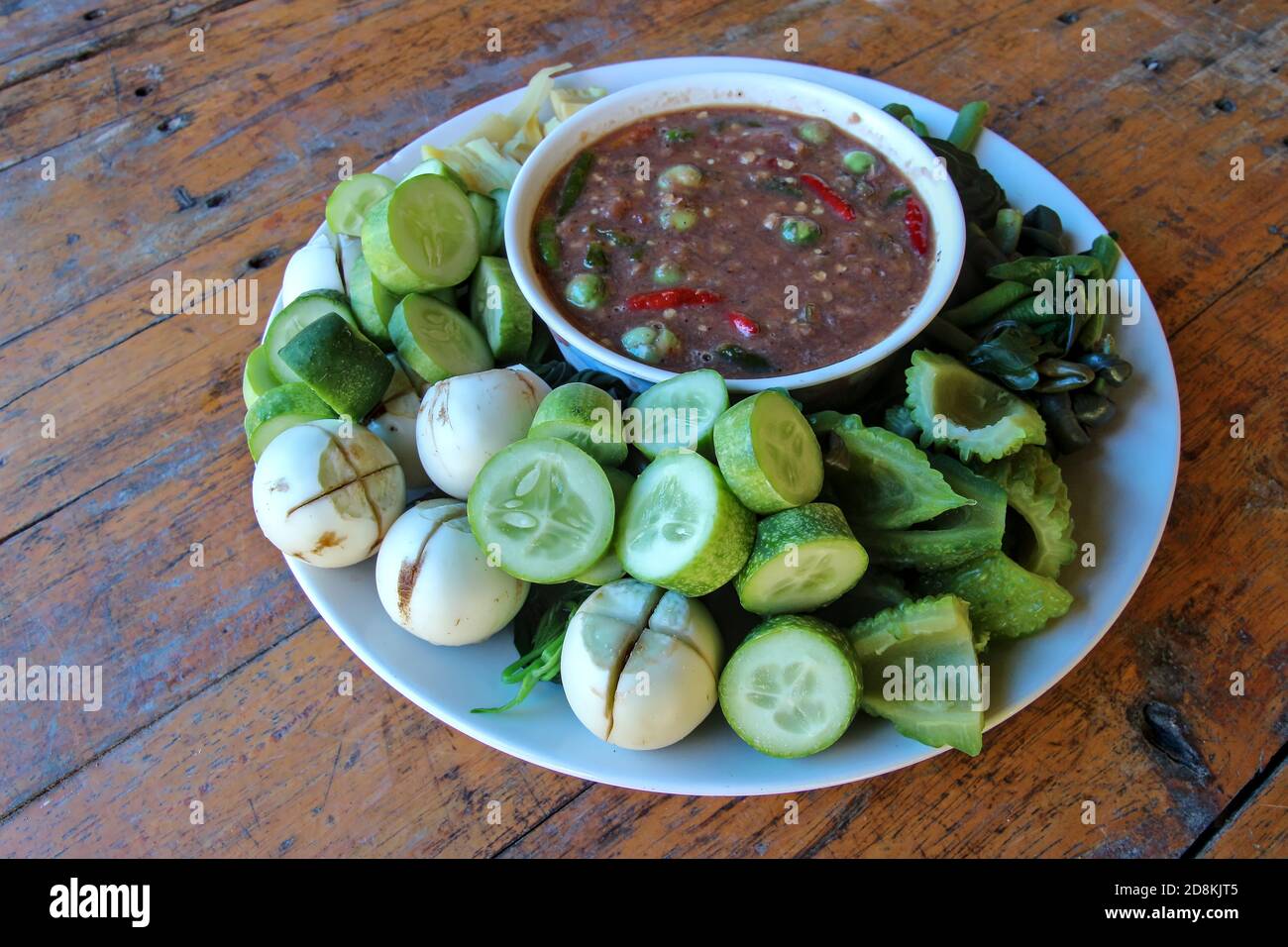 Shrimp Paste Chili Paste, eaten with vegetables. There are fresh vegetables and boiled vegetables, the food that Thais eat often Stock Photo