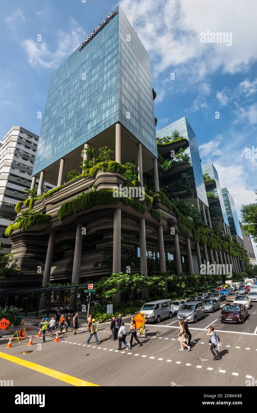 Singapore - December 4, 2019: View of the Green nature facade of the Parkroyal Hotel building on Pickering St in Singapore city. Stock Photo