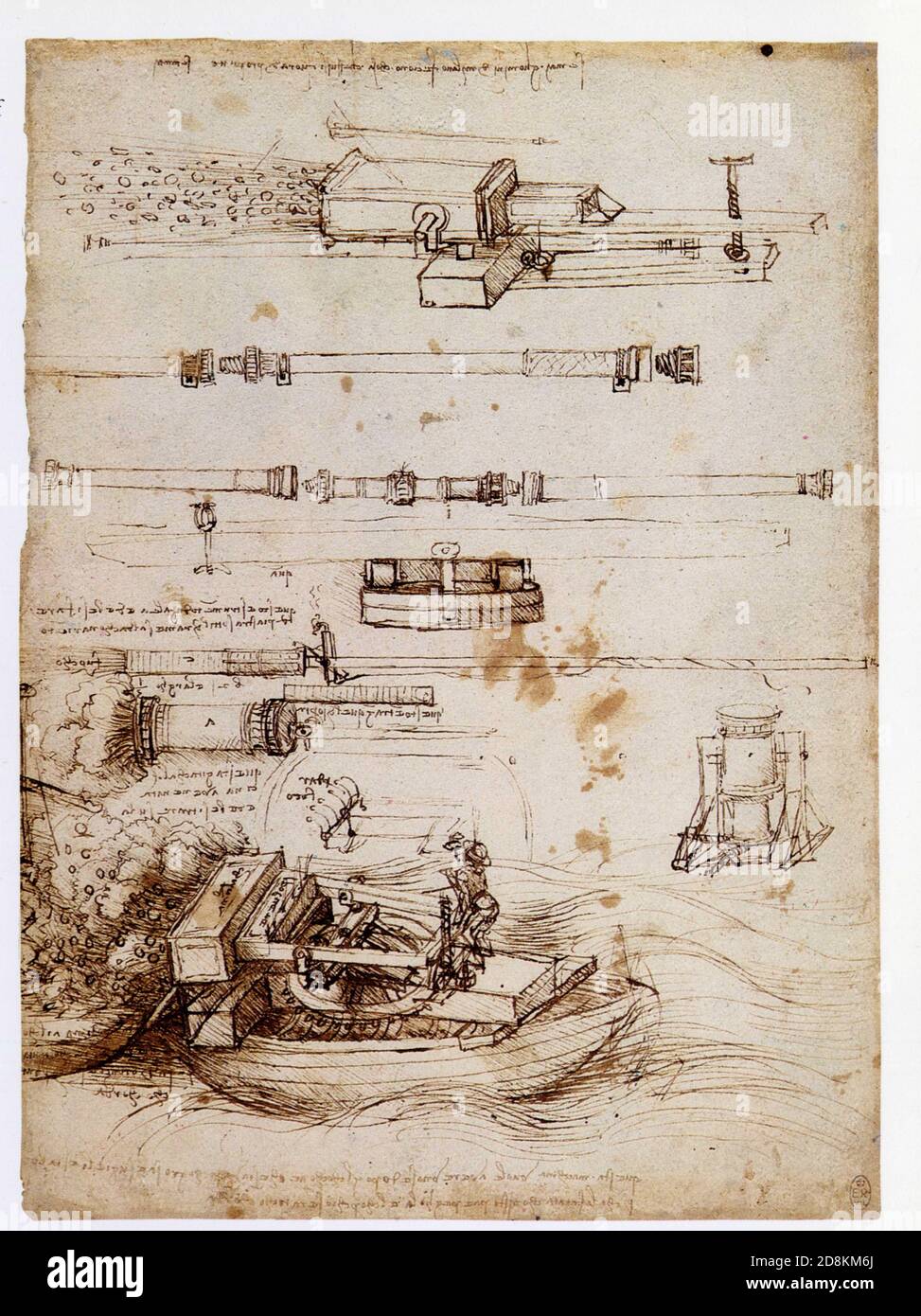 Leonardo da Vinci. Marine and other weaponry. 1483-1484. Pen and ink and wash. Stock Photo