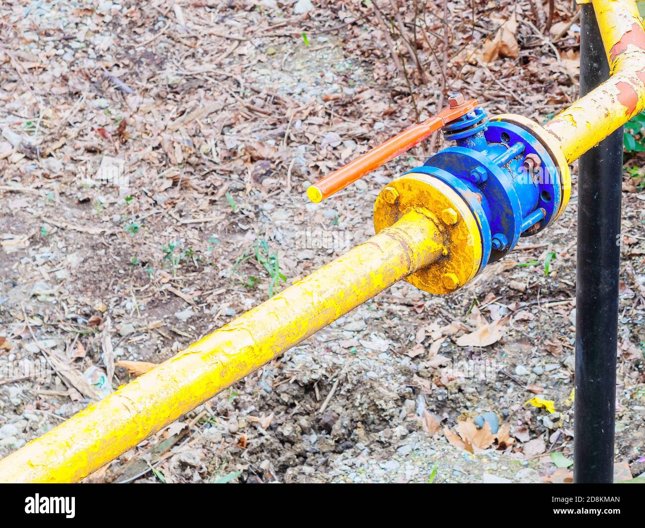 Yellow gas pipe with ball valve outdoors above ground with dry foliage