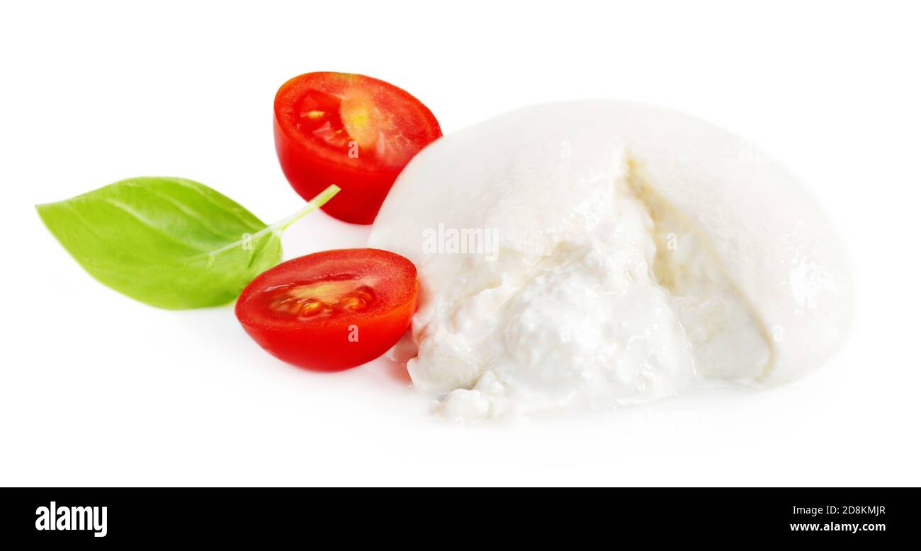 Mozzarella cheese Isolated. Traditional Italian Mozzarella ball, tomatoes  and basil leaf on white background. Traditional Italian food Stock Photo