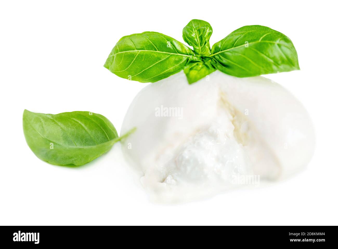 Mozzarella cheese Isolated. Traditional Italian Mozzarella ball and basil leaf on white background.  Italian food concept Stock Photo