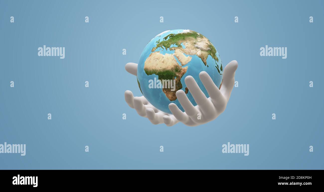 Save the earth, save our planet concept. 3D illustration. Human hands  holding globe on blue background Stock Photo - Alamy