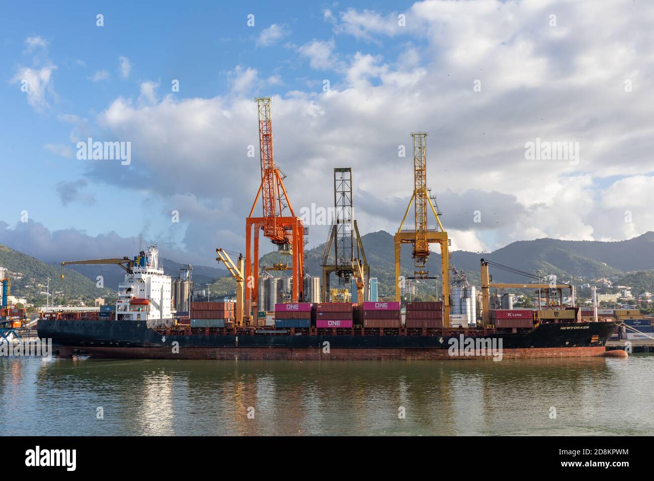 08 JAN 2020 - Port of Spain, Trinidad and Tobago - Cargo loading in the harbor Stock Photo