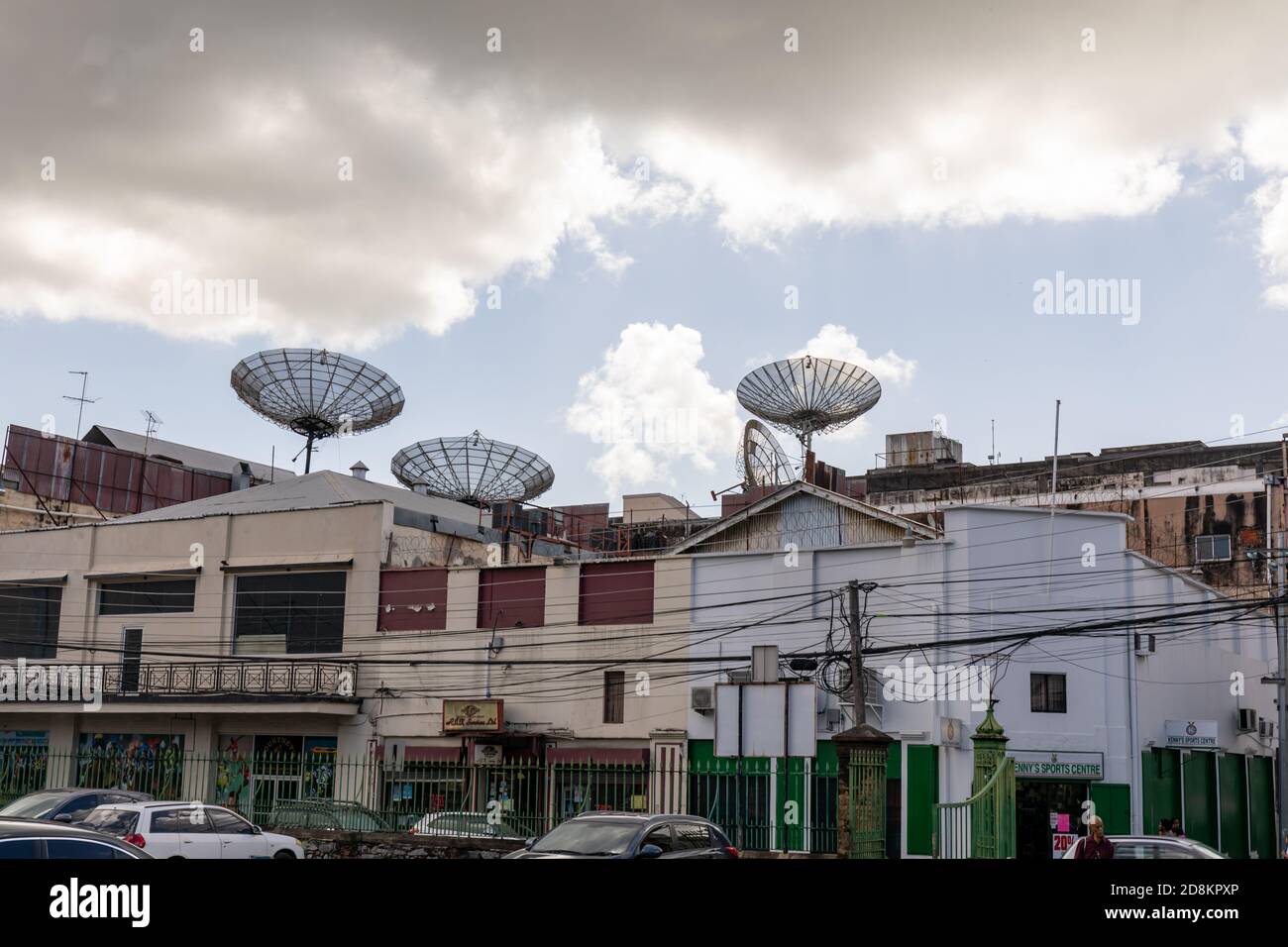 08 JAN 2020 - Port of Spain, Trinidad and Tobago - Satellite dishes over a building Stock Photo