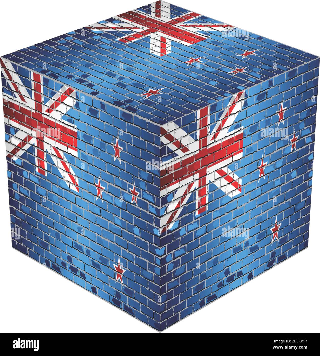 New Zealand Cube in made of bricks - Illustration,  Three dimensional flag of New Zealand Stock Vector