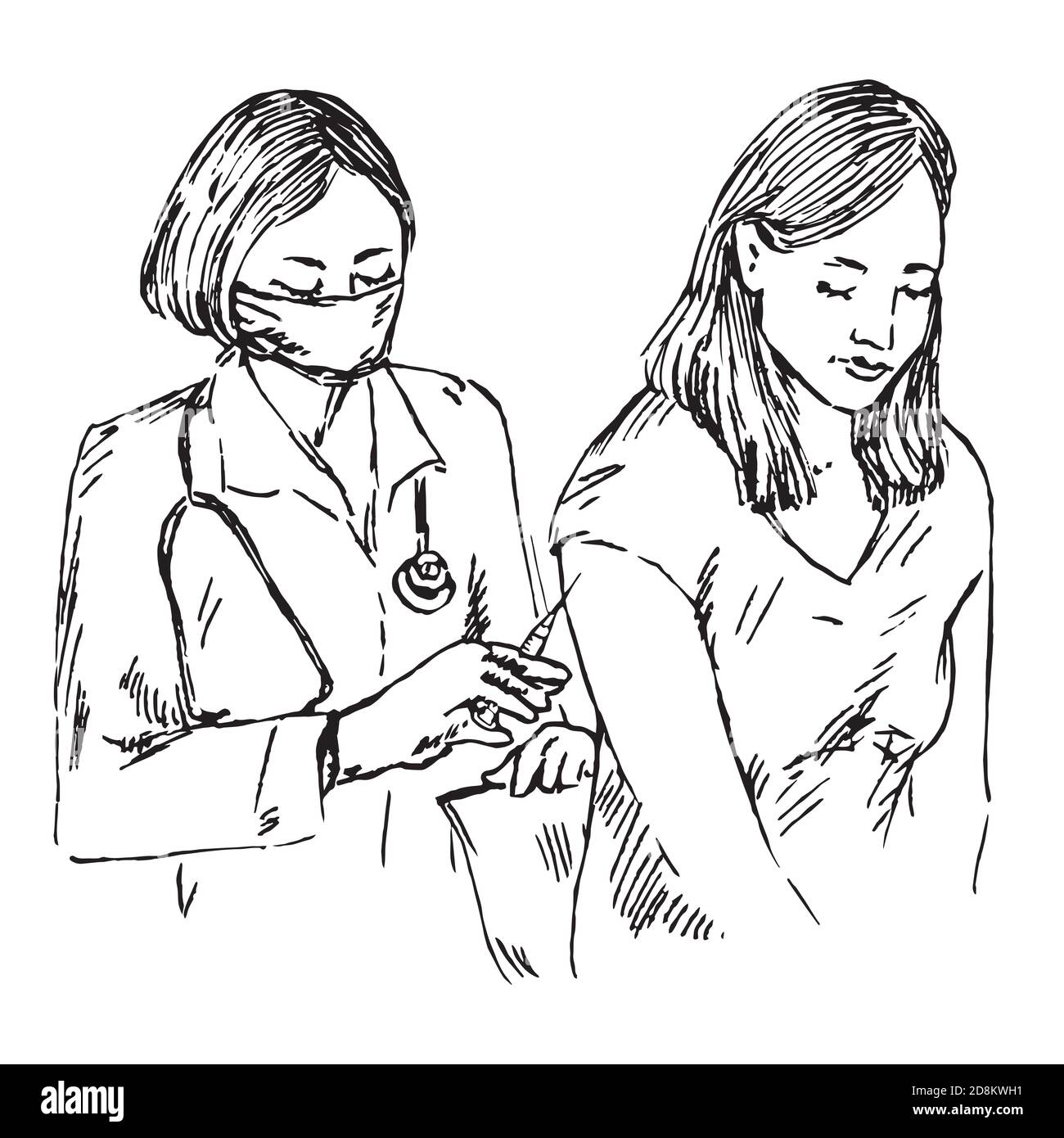 Nurse in mask getting ready to inject patient, hand drawn doodle