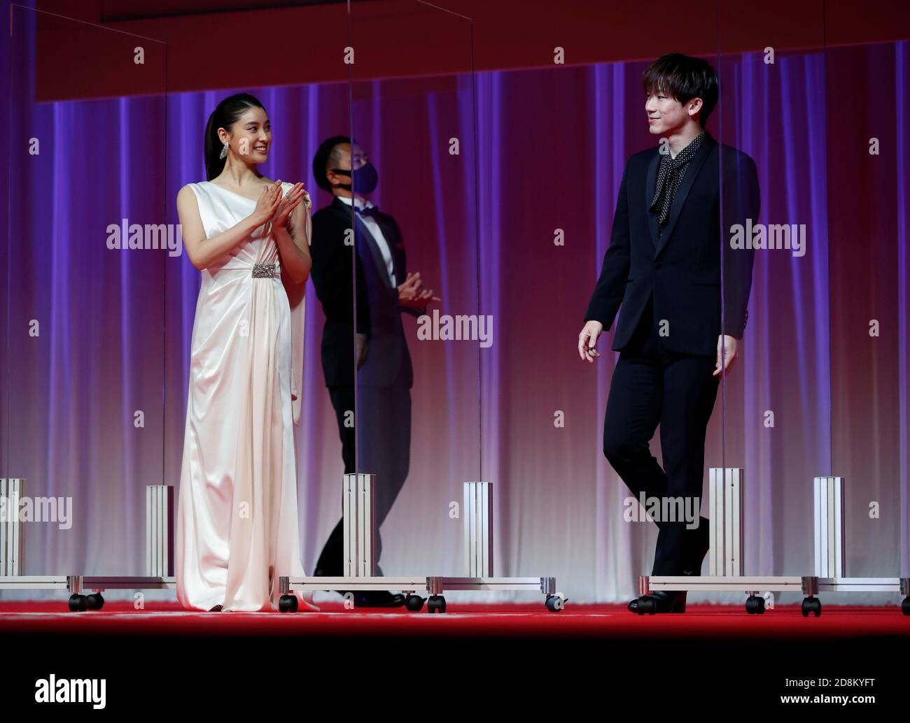 Cast Members Tao Tsuchiya And Exile Naoto From The Movie Food Luck Enter Between Plastic Walls On The Stage Installed In Order To Prevent Infections Following The Coronavirus Disease Covid 19 Outbreak As Cast Members Tao Tsuchiya And Exile Naoto From The Movie Food Luck Enter Between Plastic Walls On The Stage Installed In Order To Prevent Infections Following The Coronavirus Disease Covid 19 Outbreak As