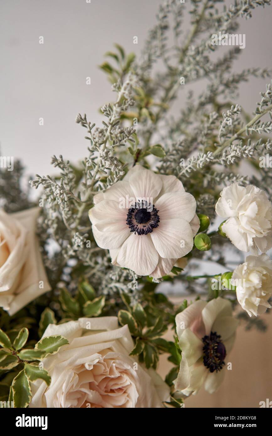 Bouquet 008, step by step installation of flowers in a vase. Flowers bunch, set for home. Fresh cut flowers for decoration home. European floral shop Stock Photo