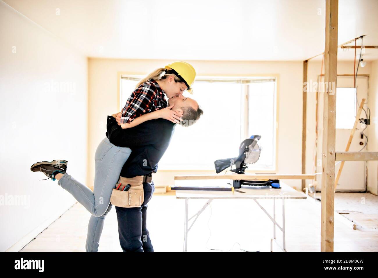 A couple worker in the carpenter workroom renovation Stock Photo