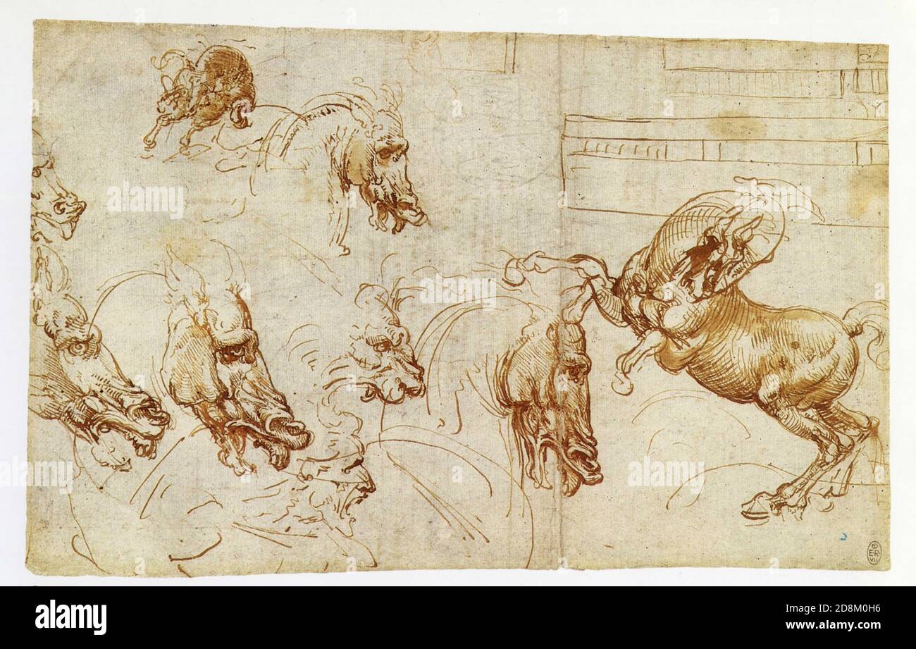 Leonardo da Vinci. Studies of horses with the heads of horses, a lion