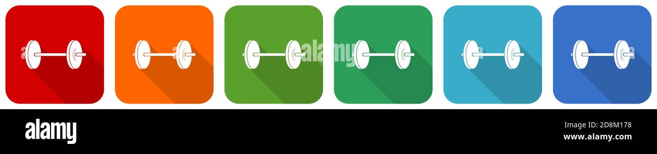 Fitness icon set, flat design vector illustration in 6 colors options ...