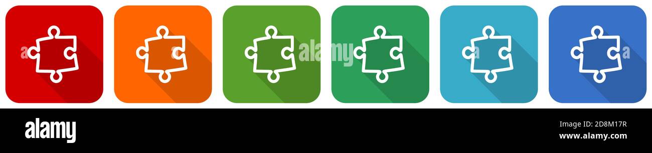 Puzzle icon set, flat design vector illustration in 6 colors options ...
