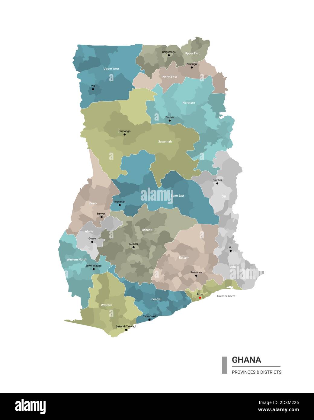 Ghana higt detailed map with subdivisions. Administrative map of Ghana with districts and cities name, colored by states and administrative districts. Stock Vector