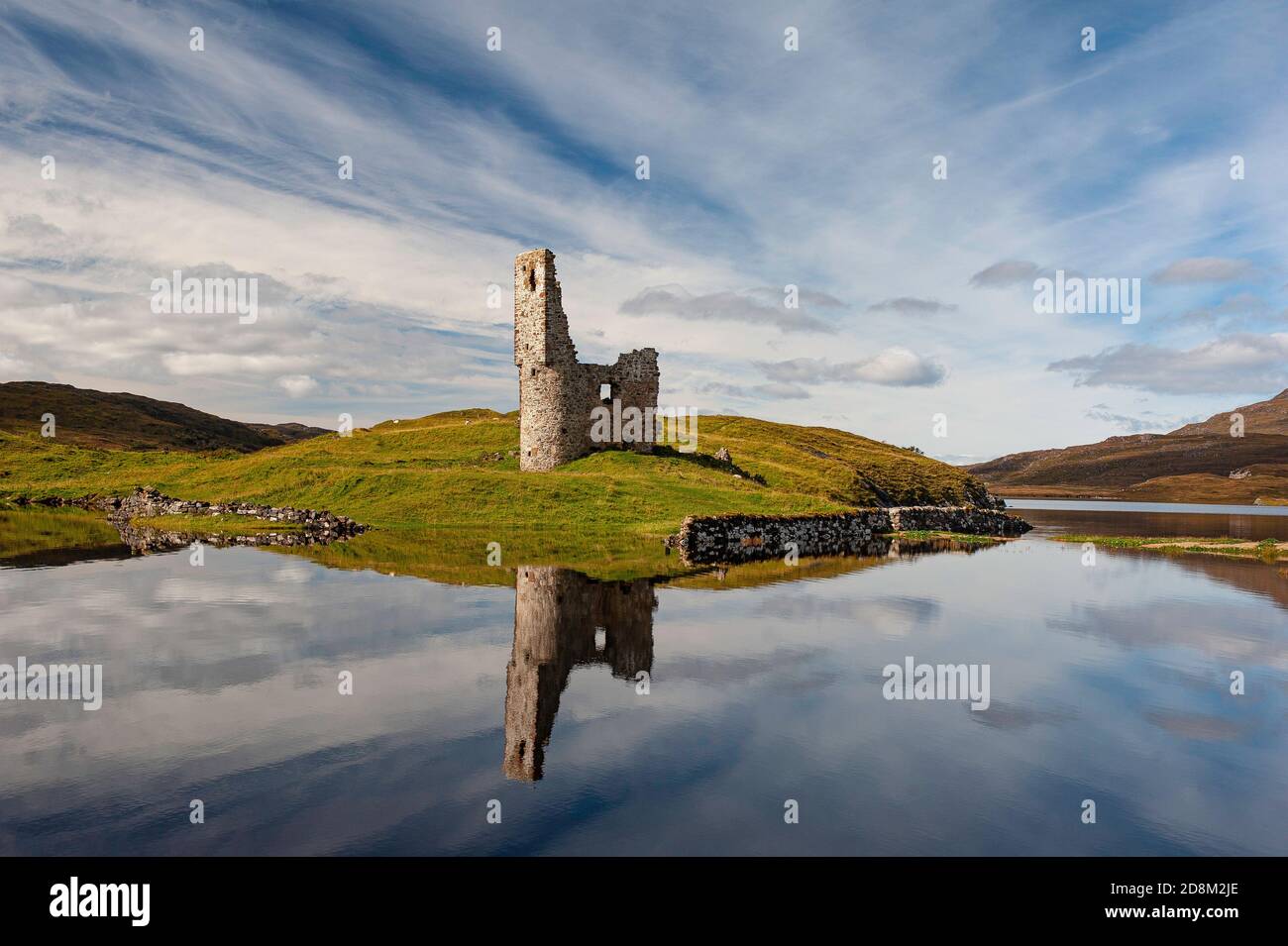 Lonely Ardvreck Castle by Loch Assent in Sutherland, in the North west corner of Scotland UK. Stock Photo