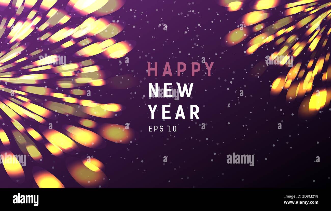Happy new year greeting card with golden festive fireworks, shiny ...