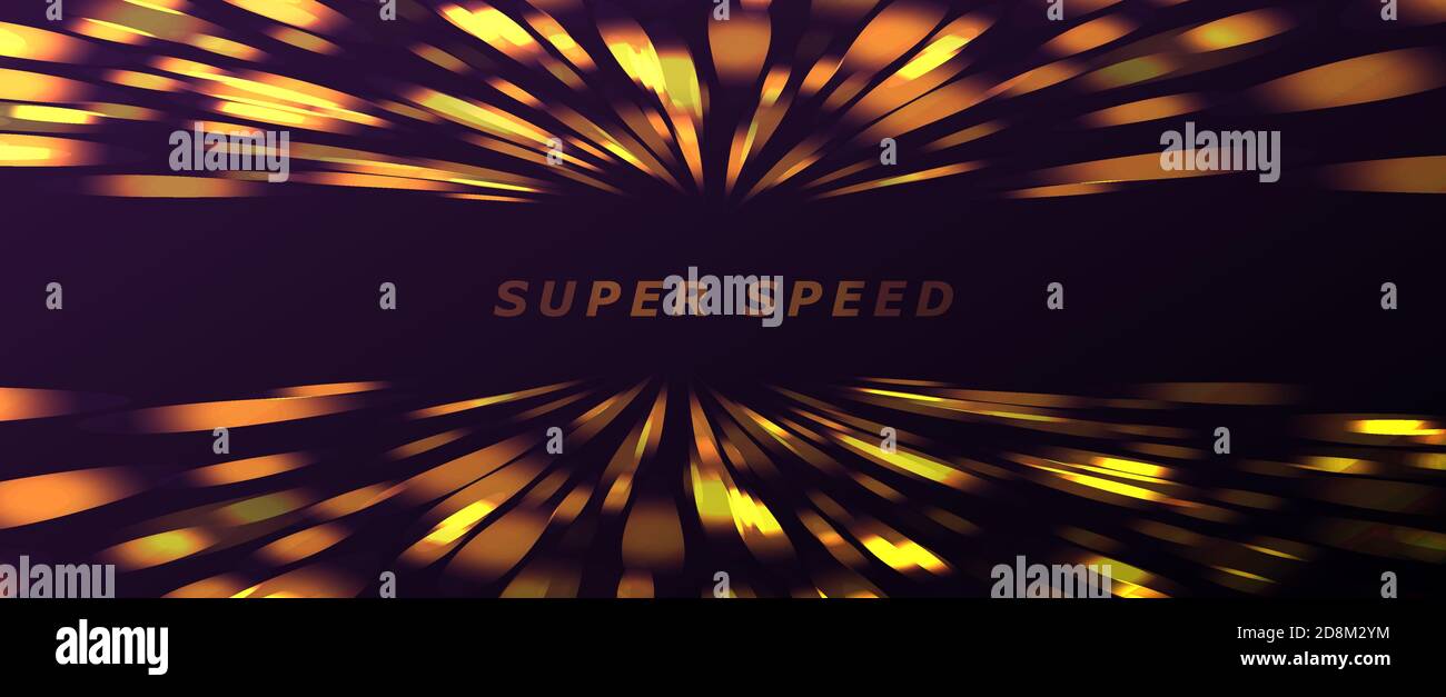 Abstract background of golden lights moving to the center on light speed and forming illuminated textured surface in the dark space Stock Vector