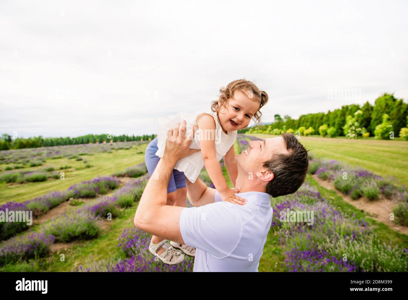 Happy family father and daughter having fun in lavender field Stock Photo