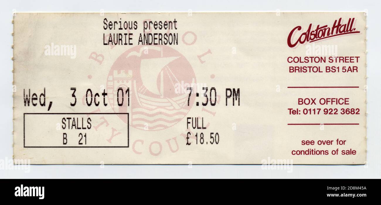 American avant-garde multimedia artist Laurie Anderson concert ticket from October 2001 Stock Photo