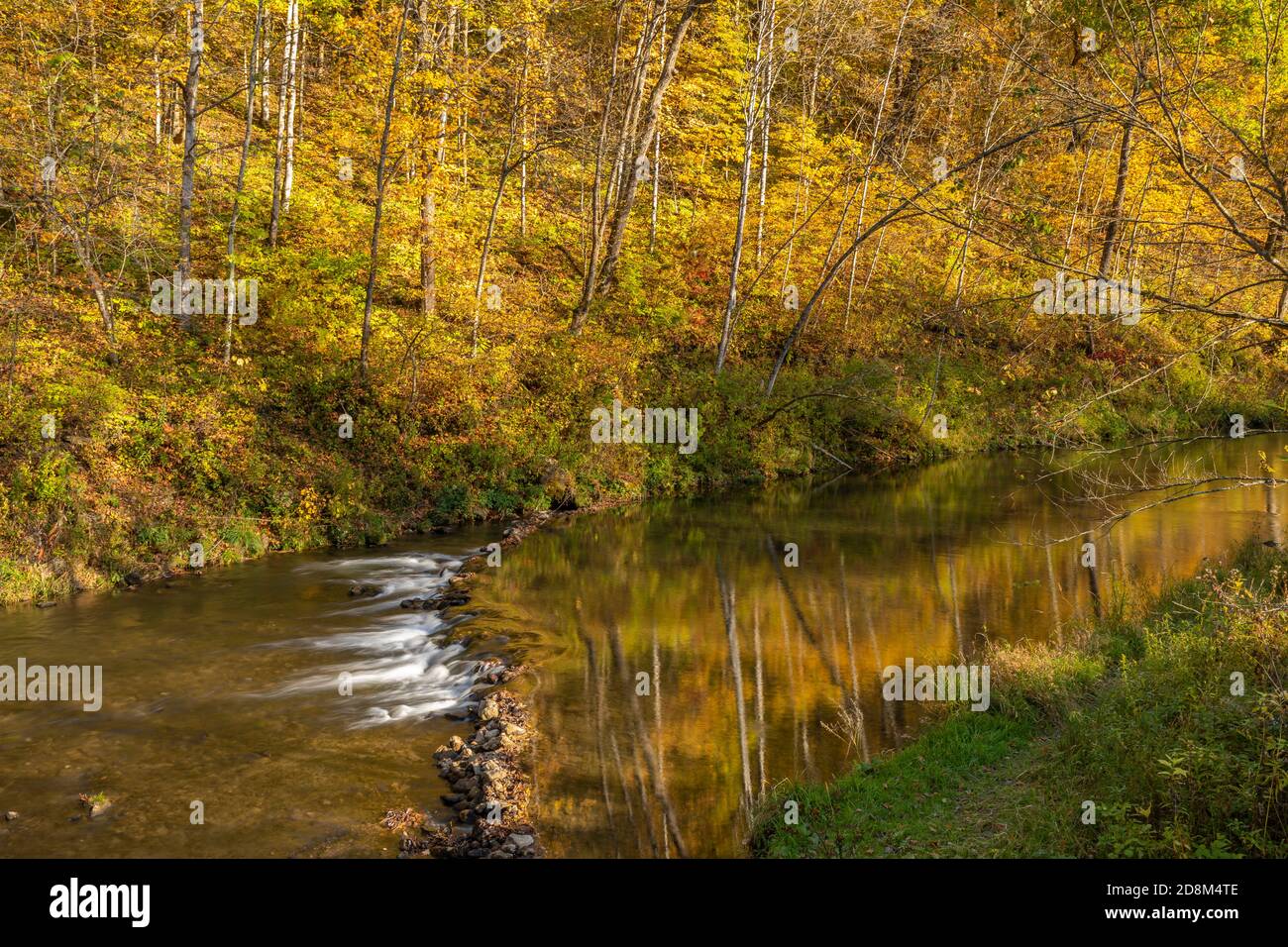 A reflective river with a rock dam in autumn Stock Photo - Alamy