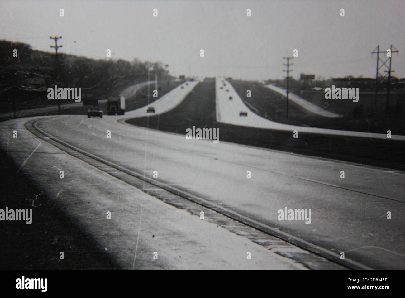 Fine 1970s vintage black and white photography on the road on a cross country drive on the interstate highway. Stock Photo