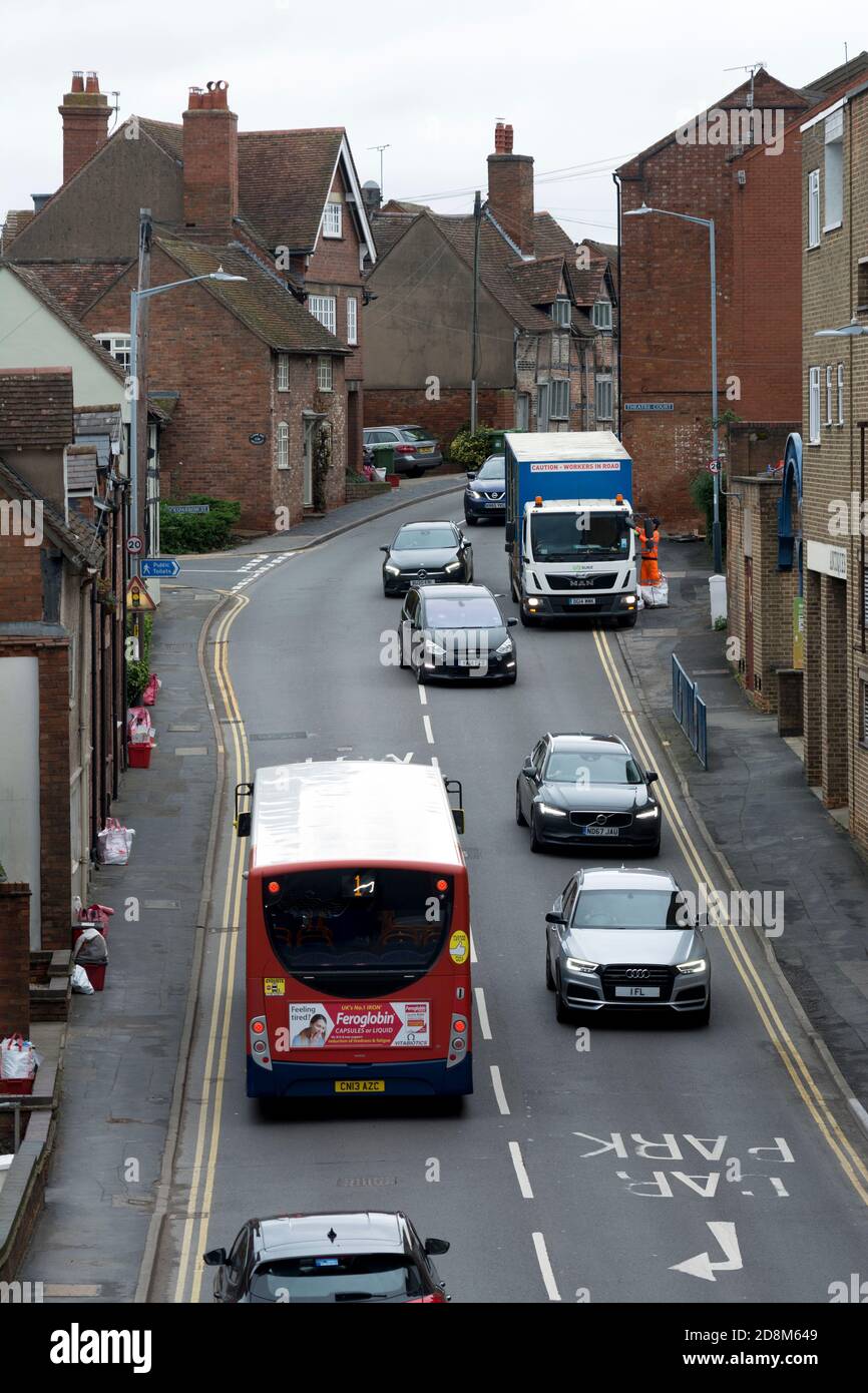Theatre Street with a Suez recycling lorry and a Stagecoach local bus service, Warwick, UK Stock Photo