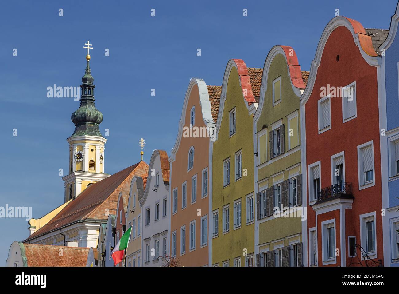 View of the Silberseile a row of gabled-roof houses in Scharding Stock Photo