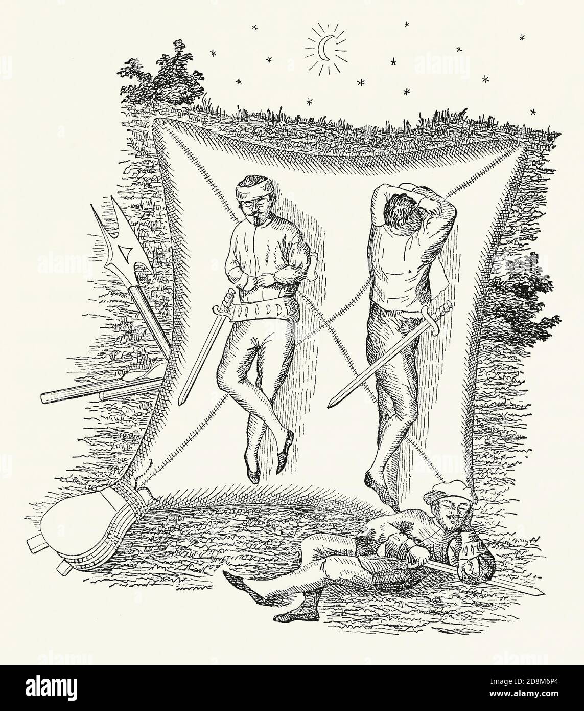An old engraving of a 16th century soldiers with swords resting in the field on an air-bed. It is from a Victorian mechanical engineering book of the 1880s. The illustration shows that it was inflated by using bellows. The material in this early air-bed would have been strong cloth made airtight using varnish or paint. Air mattresses, pillows and cushions were manufactured commercially from the late 1800s. Stock Photo