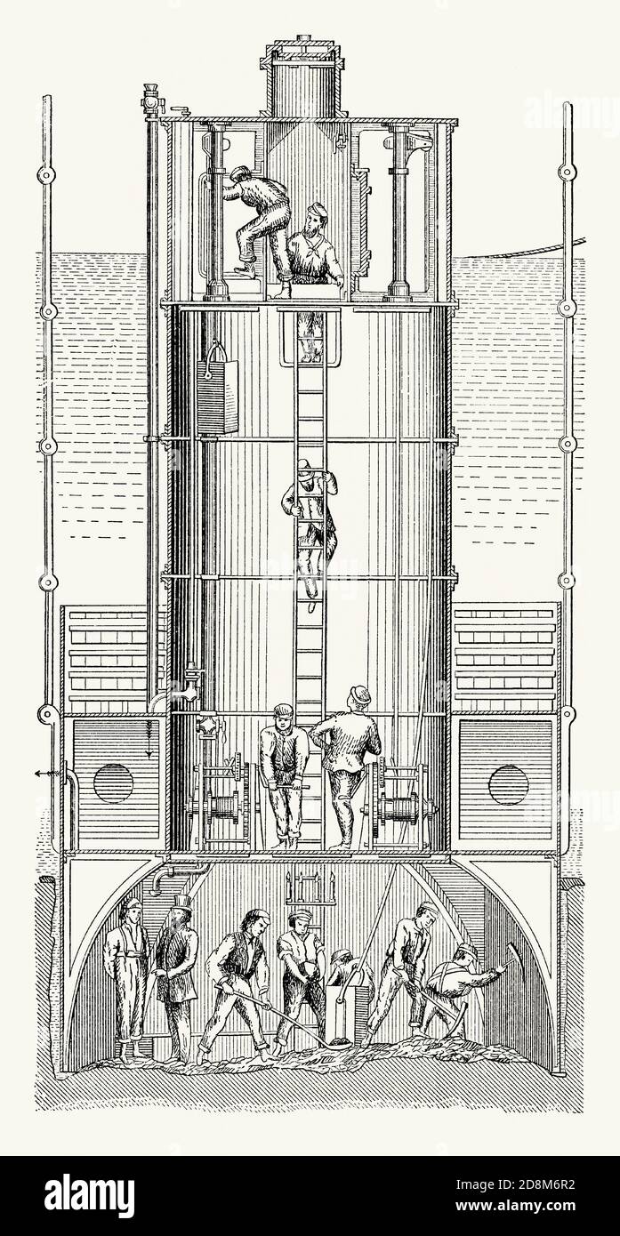 An old engraving of a large pneumatic caisson in the 1800s. It is