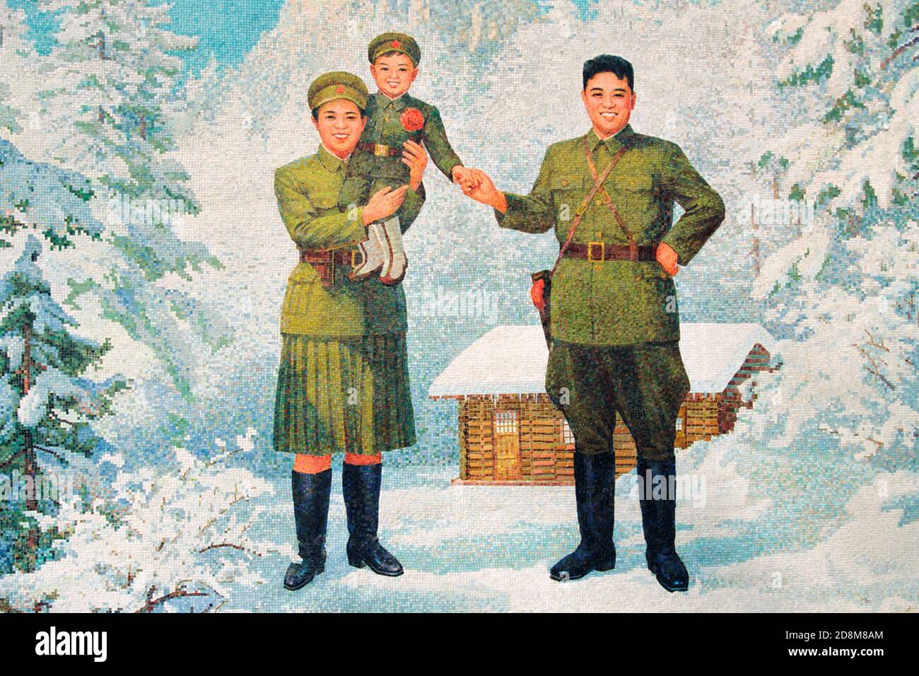 Mosaic of the Kim Jong-il and his parents (Kim il-Sung and Kim- Jong-Suk), the Secret Camp, Mt Paektu region Stock Photo