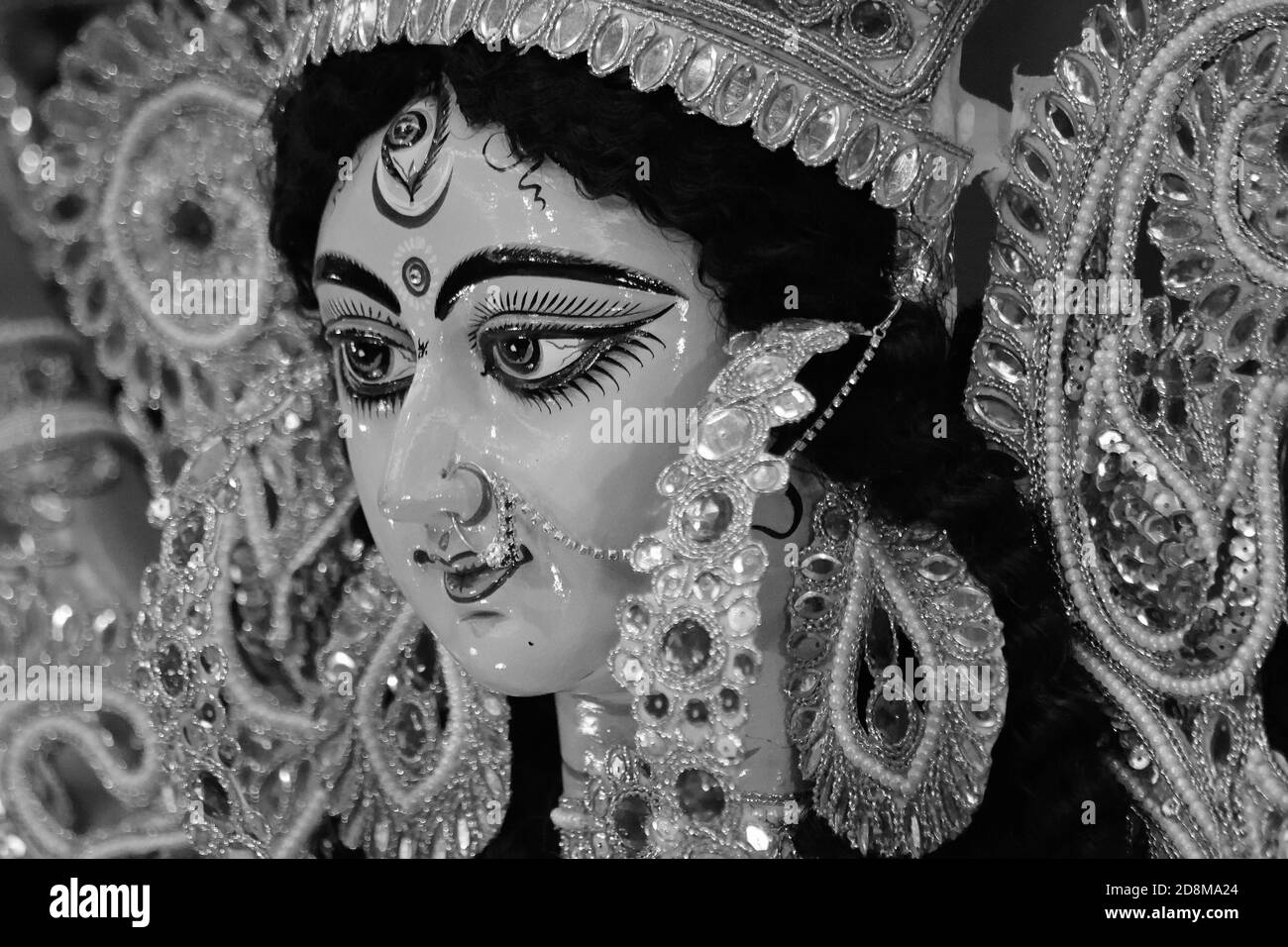 Idol of Hindu Goddess Durga in monochrome Stock Photo