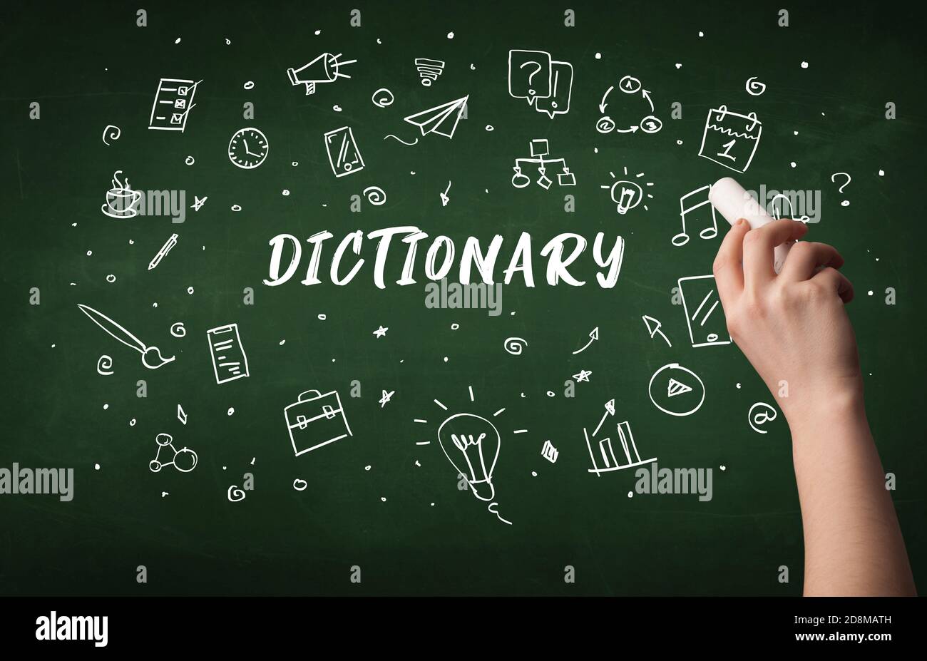 Hand drawing DICTIONARY inscription with white chalk on blackboard