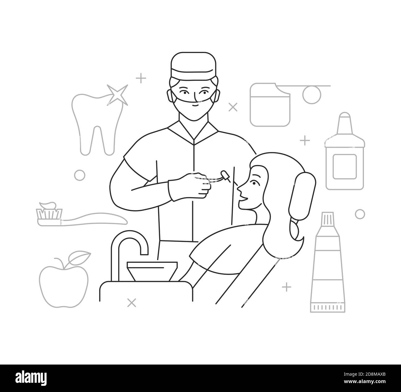 A dentist treats a woman's teeth. The concept of dental care. Linear vector illustration Stock Vector