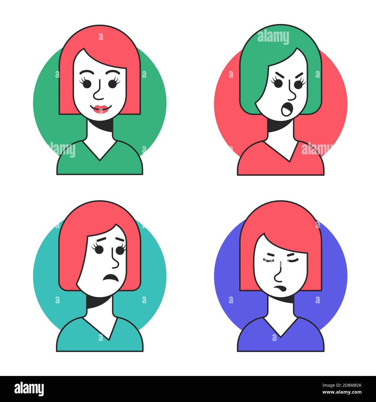 Woman face with different expressions in front view. Vector illustrations Stock Vector