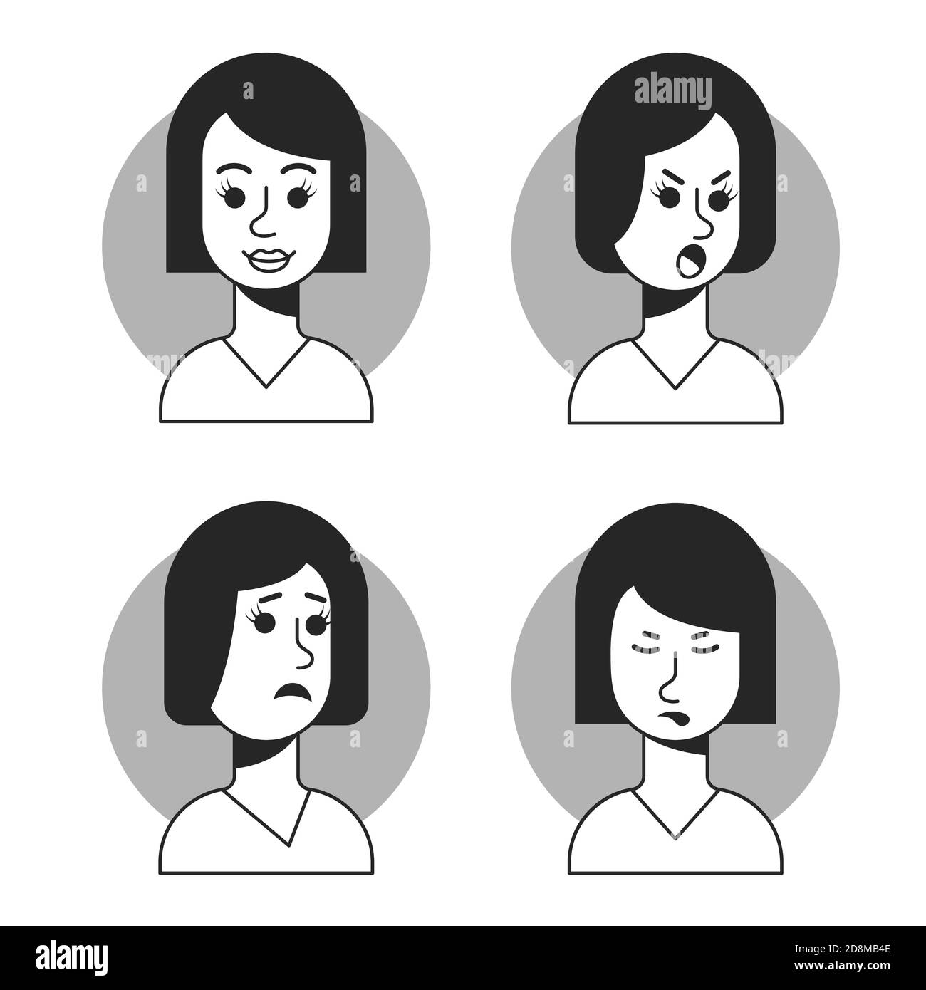 Woman face with different expressions in front view. Vector illustrations Stock Vector